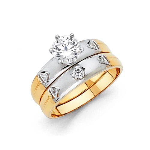 14K Two Tone Gold Cubic Zirconia Engagement Ring and Ladies Wedding Band Set