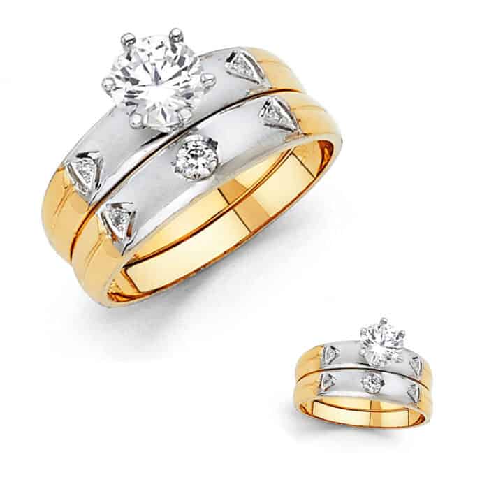 14K Two Tone Gold Cubic Zirconia Engagement Ring and Ladies Wedding Band Set - Image 3