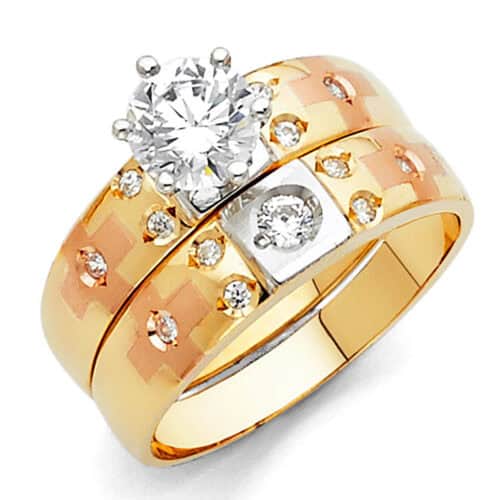 14K Tri Color Gold Cubic Zirconia Engagement Ring and Ladies Wedding Band Set