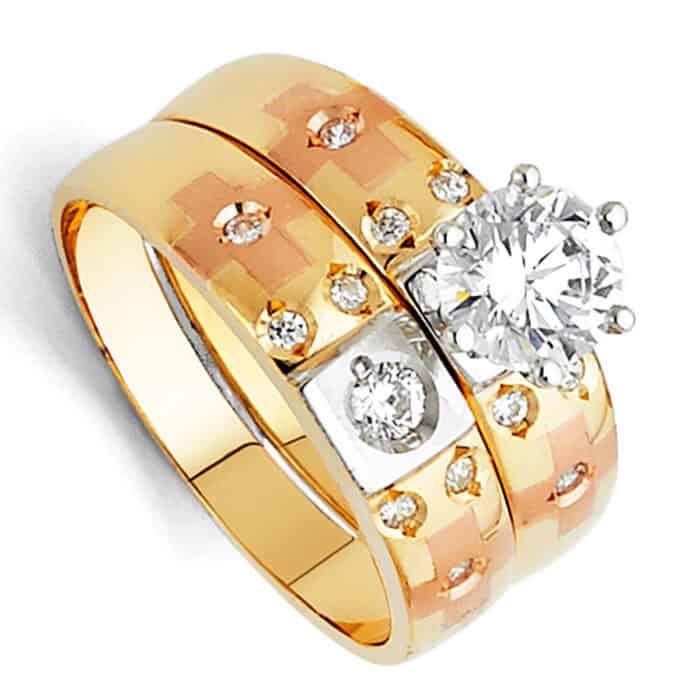 14K Tri Color Gold Cubic Zirconia Engagement Ring and Ladies Wedding Band Set - Image 2
