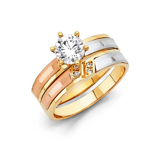 14K Tri Color Gold Cubic Zirconia Engagement Ring and Ladies Wedding Band Set