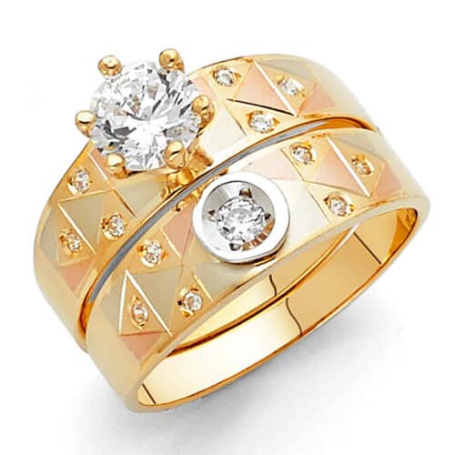 14K Tri Color Gold Cubic Zirconia Engagement Ring and Ladies Wedding Band Set