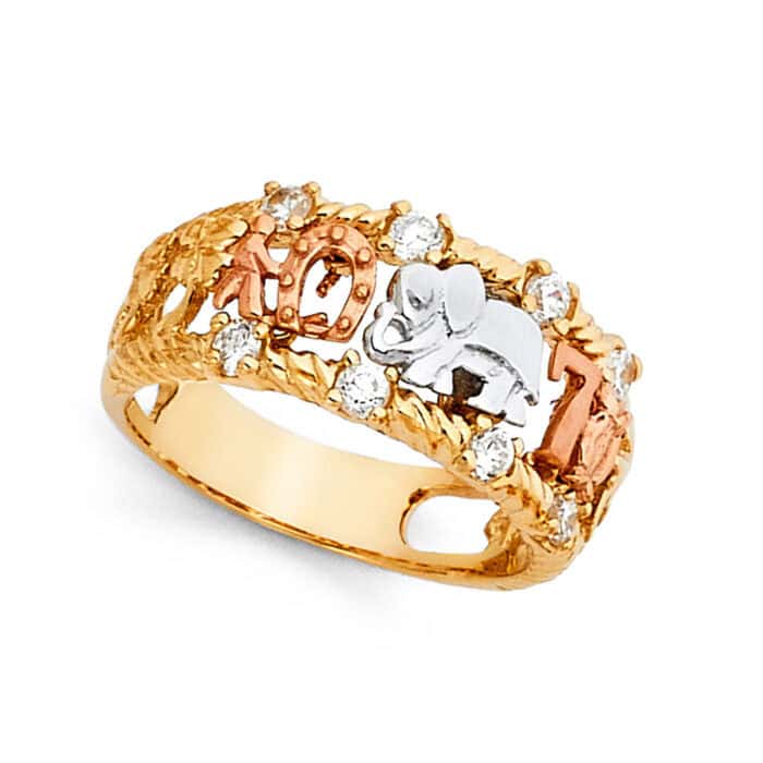 14K Tri Color Gold Cubic Zirconia Lucky Ring - Image 2