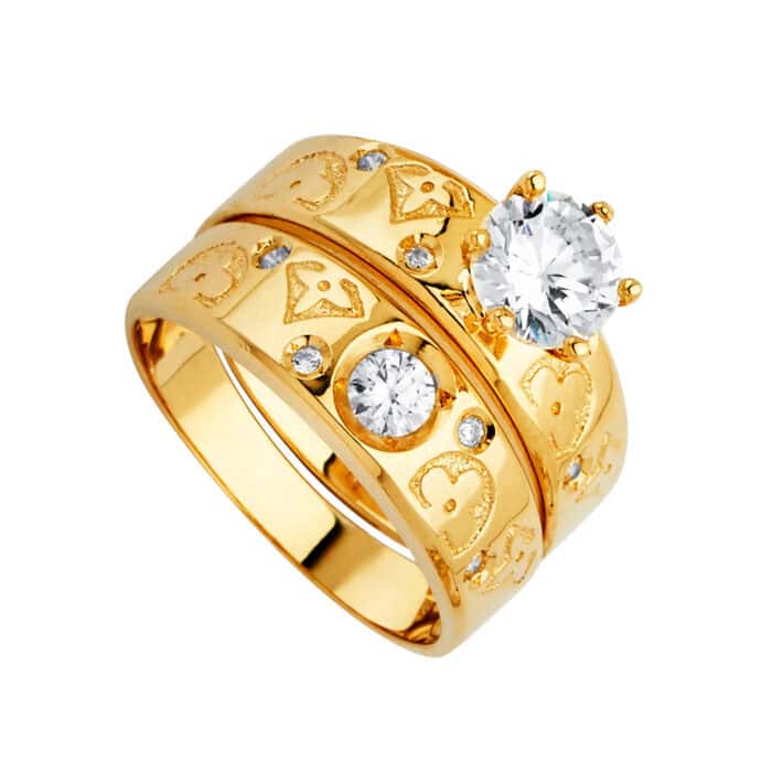 14K Yellow Gold Cubic Zirconia Engagement Ring and Wedding Band Set - Image 2