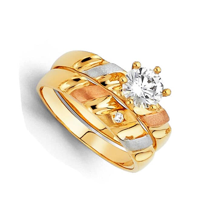 14K Tri Color Gold Cubic Zirconia Engagement Ring and Ladies Wedding Band Set - Image 2