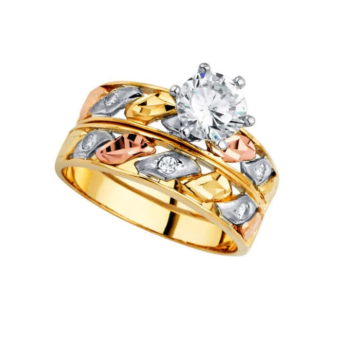 14K Tri Color Gold Cubic Zirconia Engagement Ring and Wedding Band Set - Image 2