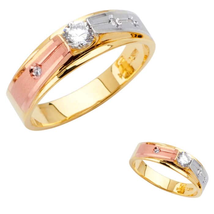 14K Tri Color Gold Men's Cubic Zirconia Wedding Band - Image 3