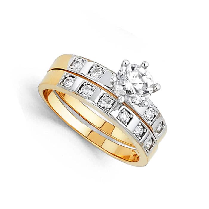 14K Two Tone Gold Cubic Zirconia Engagement Ring and Ladies Wedding Band Set - Image 2