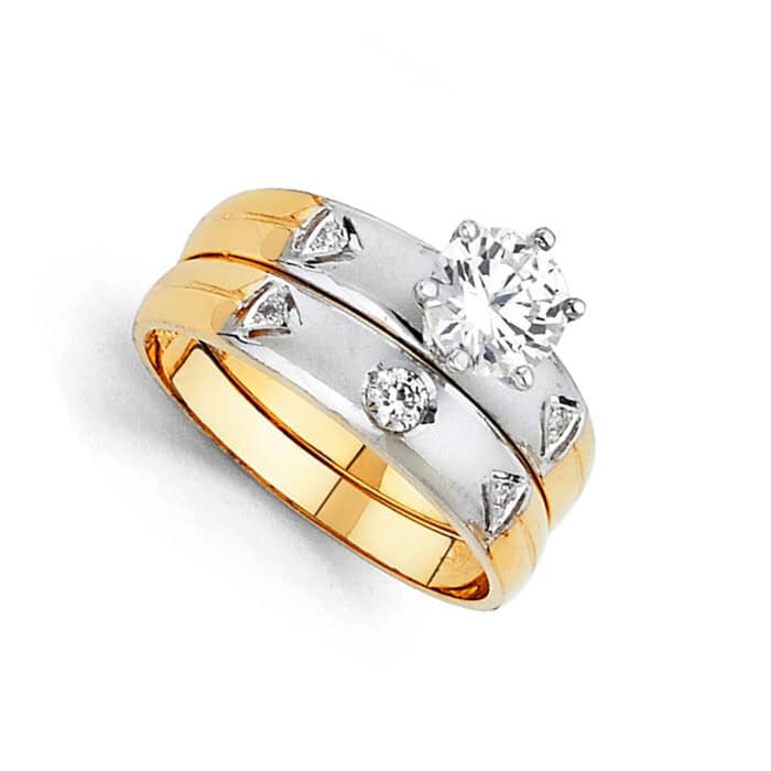 14K Two Tone Gold Cubic Zirconia Engagement Ring and Ladies Wedding Band Set - Image 2