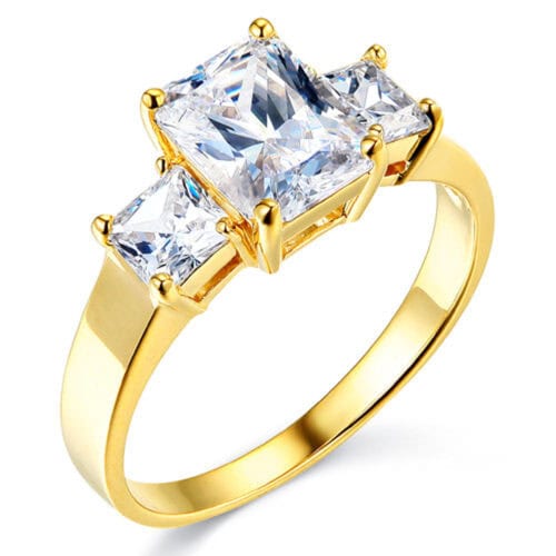 14K Yellow Gold Cubic Zirconia Emerald Stone  Engagement Ring