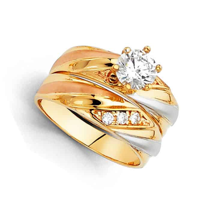 14K Tri Color Gold Cubic Zirconia Engagement Ring and Ladies Wedding Band Set - Image 2