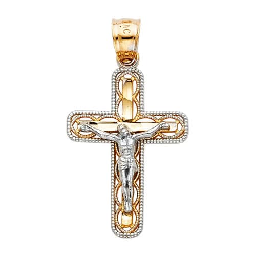 14K Two Tone Gold Jesus Crucifix Cross Religious Pendant