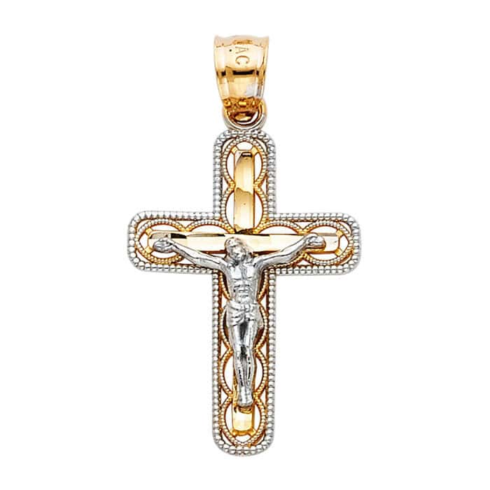 14K Two Tone Gold Jesus Crucifix Cross Religious Pendant