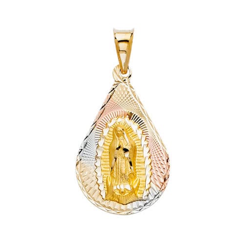 14K Tri Color Gold diamond cut Guadlupe Stamp Religious Pendant