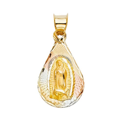 14K Tri Color Gold diamond cut Guadlupe Stamp Religious Pendant