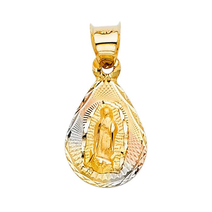 14K Tri Color Gold diamond cut Guadlupe Stamp Religious Pendant