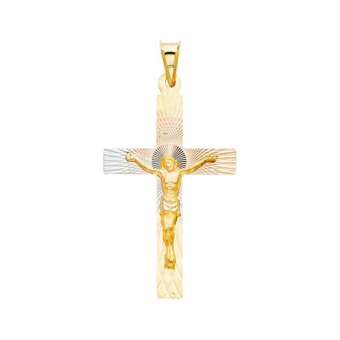 14K Tri Color Gold diamond cut Crucifix Jesus Cross Stamp Religious