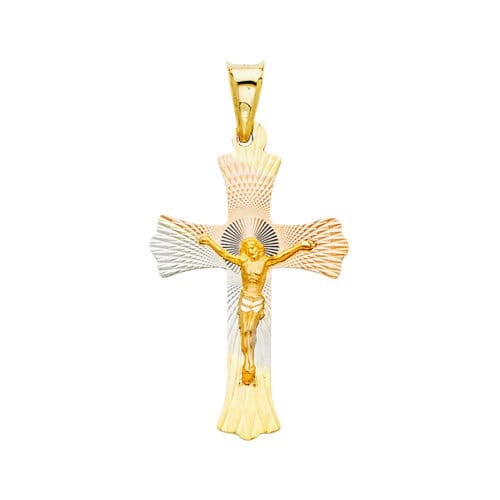 14K Tri Color Gold diamond cut Crucifix Jesus Cross Stamp Religious