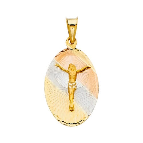 14K Tri Color Gold diamond cut Jesus Stamp Religious Pendant