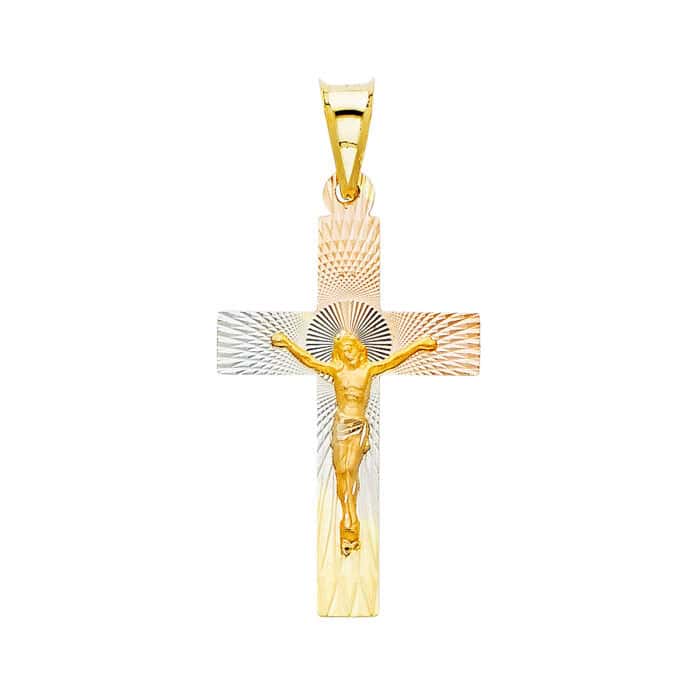 14K Tri Color Gold diamond cut Crucifix Jesus Cross Stamp Religious