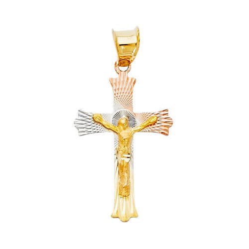 14K Tri Color Gold diamond cut Crucifix Jesus Cross Stamp Religious