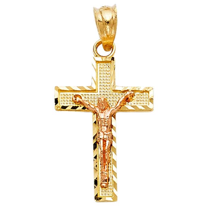 14K Two Tone Gold Jesus Crucifix Cross Religious Pendant