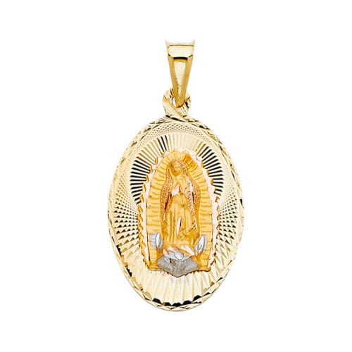 14K Tri Color Gold diamond cut Guadlupe Stamp Religious Pendant