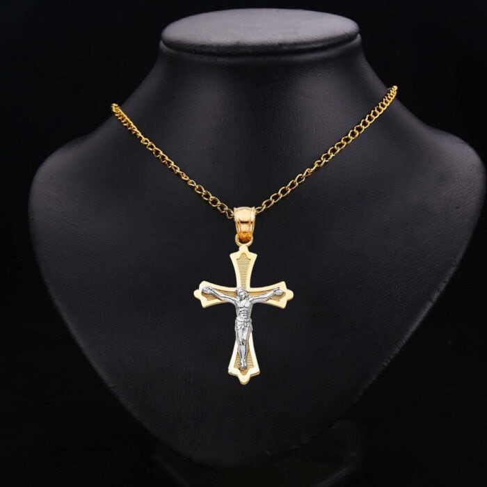 14K Two Tone Gold Jesus Crucifix Cross Religious Pendant - Image 2