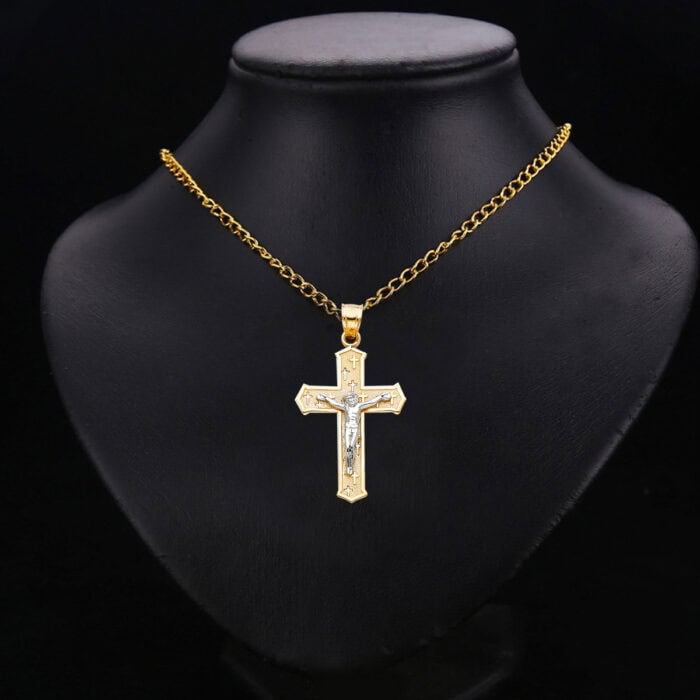 14K Two Tone Gold Jesus Crucifix Cross Religious Pendant - Image 2