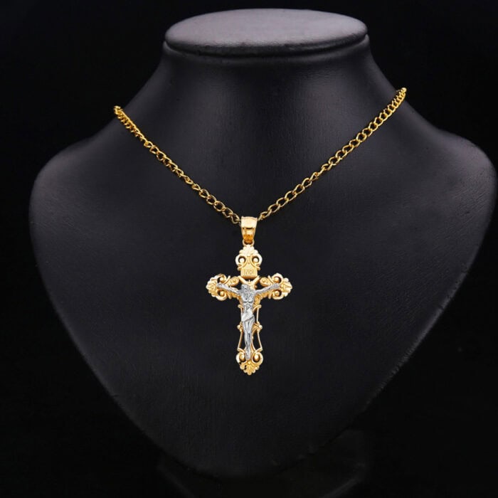 14K Two Tone Gold Jesus Crucifix Cross Religious Pendant - Image 2
