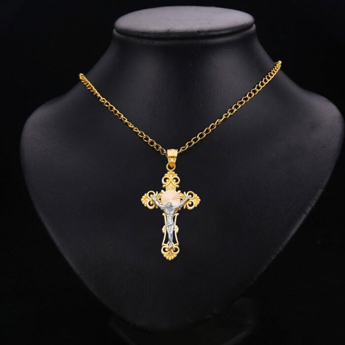 14K Two Tone Gold Jesus Crucifix Cross Religious Pendant - Image 2