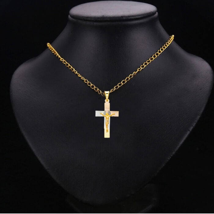 14K Tri Color Gold diamond cut Crucifix Jesus Cross Stamp Religious - Image 2