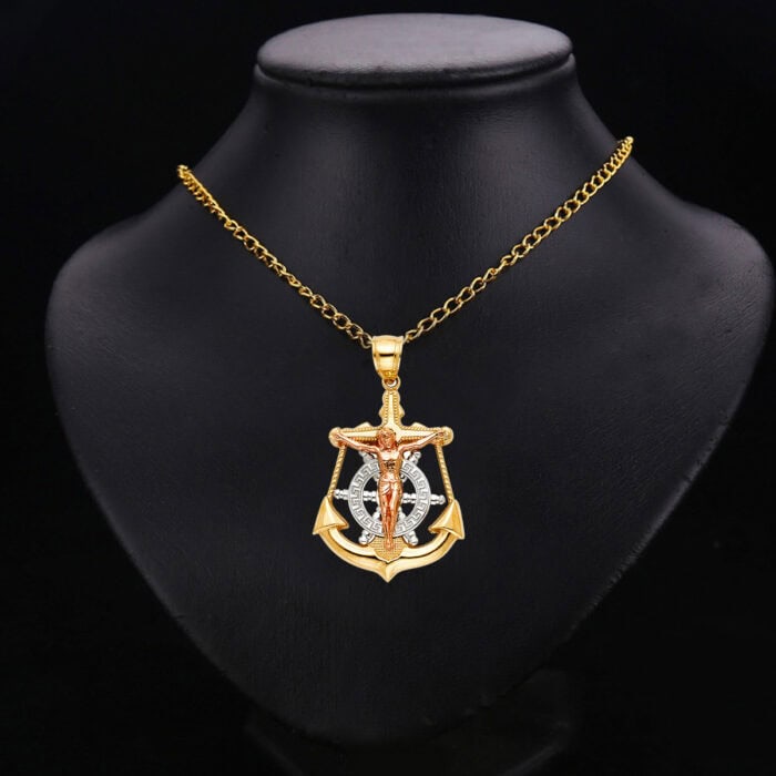 14K Tri Color Gold Jesus Crucifix Anchor Religious Pendant - Image 2