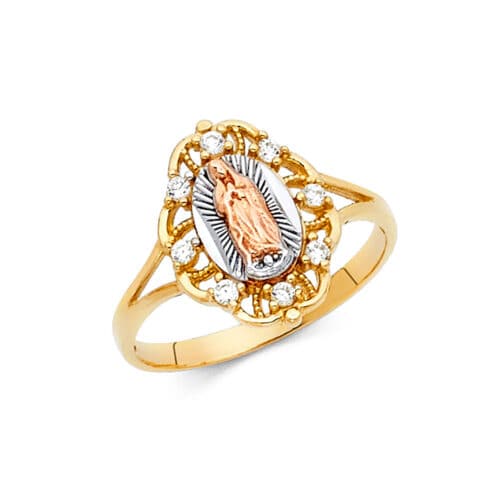 14K Tri Color Gold Religious Cubic Zirconia Ring