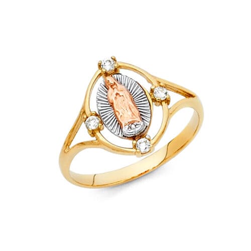 14K Tri Color Gold Religious Cubic Zirconia Ring