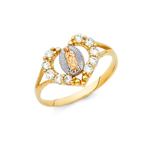 14K Tri Color Gold Religious Cubic Zirconia Ring