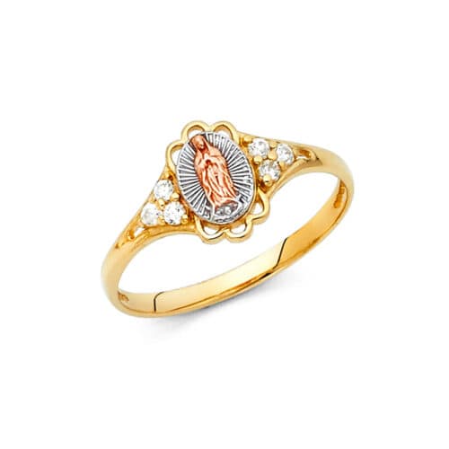 14K Tri Color Gold Religious Cubic Zirconia Ring