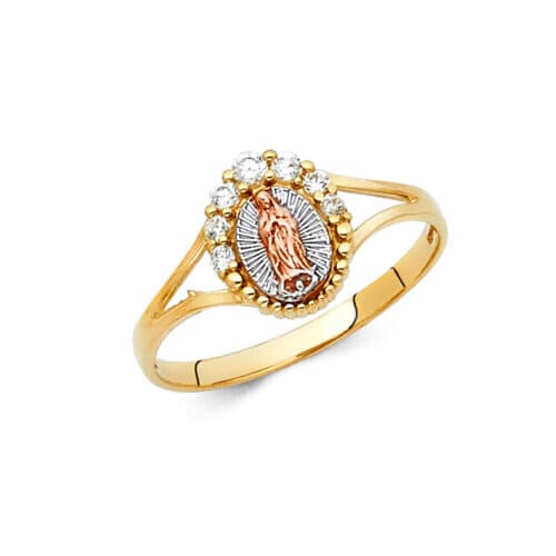14K Tri Color Gold Religious Cubic Zirconia Ring