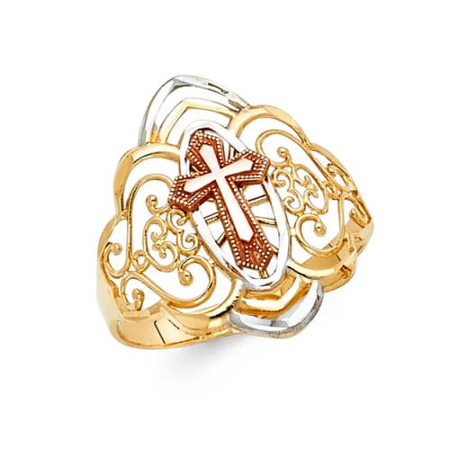 14K Tri Color Gold Cross Ring
