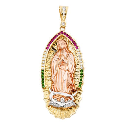 14K Tri Color Gold Cubic Zirconia Religious Guadalupe Pendant