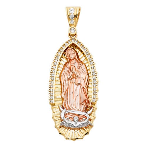 14K Tri Color Gold Cubic Zirconia Religious Guadalupe Pendant