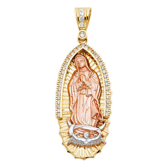 14K Tri Color Gold Cubic Zirconia Religious Guadalupe Pendant