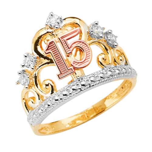 14K Tri Color Gold 15 Years Crown Cubic Zirconia Ring