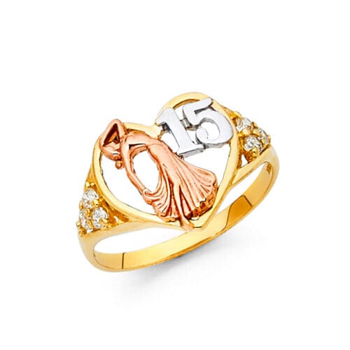 14K Tri Color Gold Cubic Zirconia 15 Years Ring