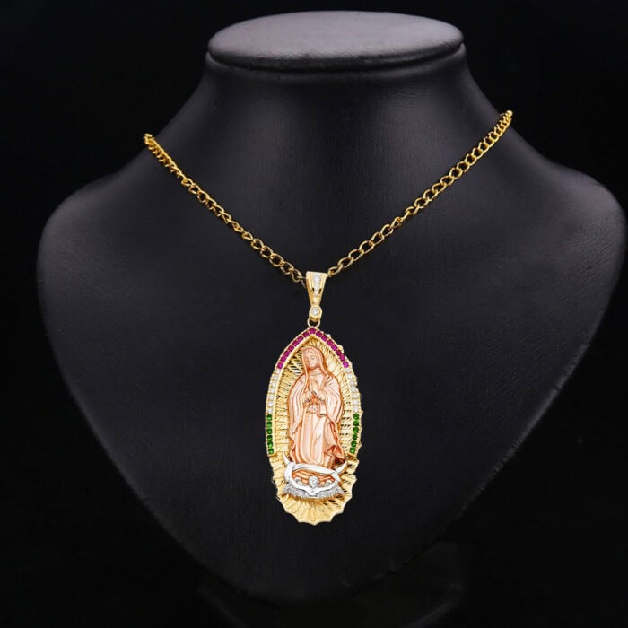 14K Tri Color Gold Cubic Zirconia Religious Guadalupe Pendant - Image 3