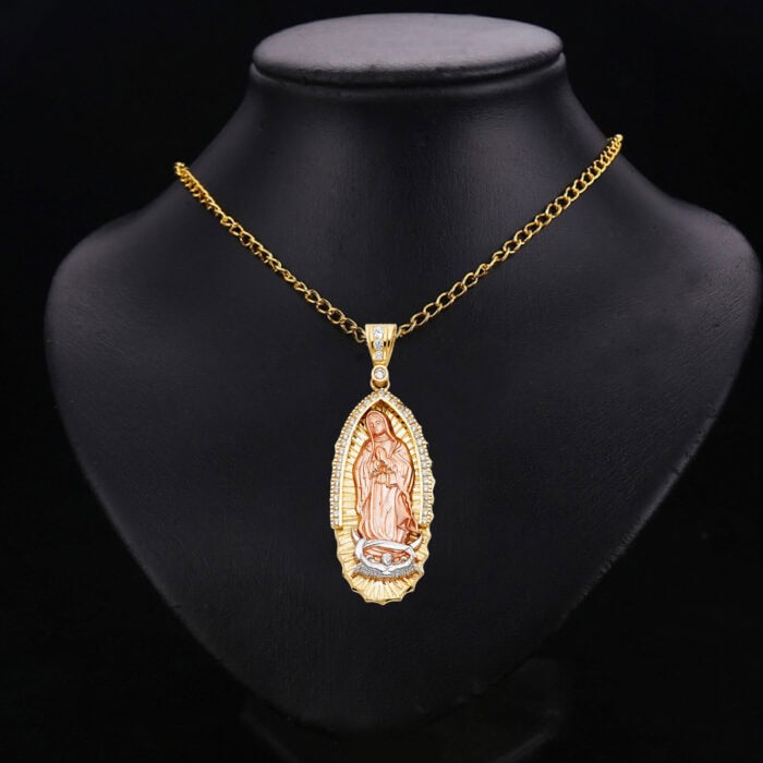 14K Tri Color Gold Cubic Zirconia Religious Guadalupe Pendant - Image 2