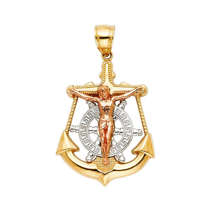 14K Tri Color Gold Jesus Crucifix Anchor Religious Pendant
