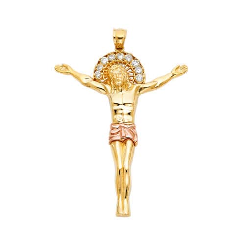 14K Two Tone Gold Cubic Zirconia Religious Jesus Christ Body Pendant