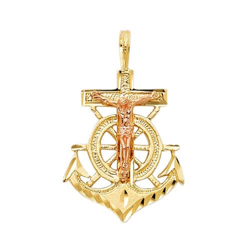14K Two Tone Gold Religious Crucifix Anchor Pendant