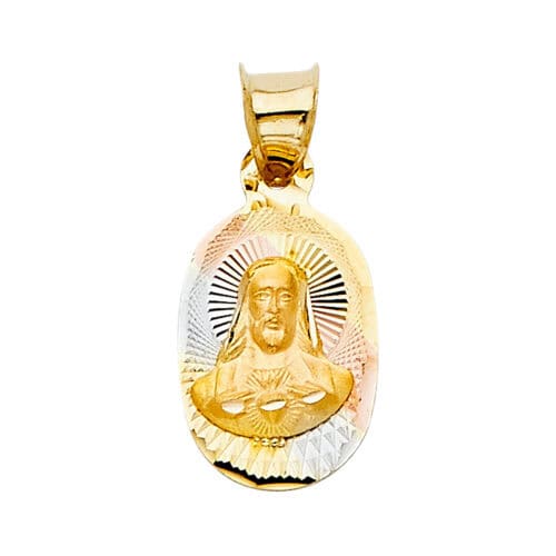 14K Tri Color Gold Religious Jesus with Heart Stamp Pendant